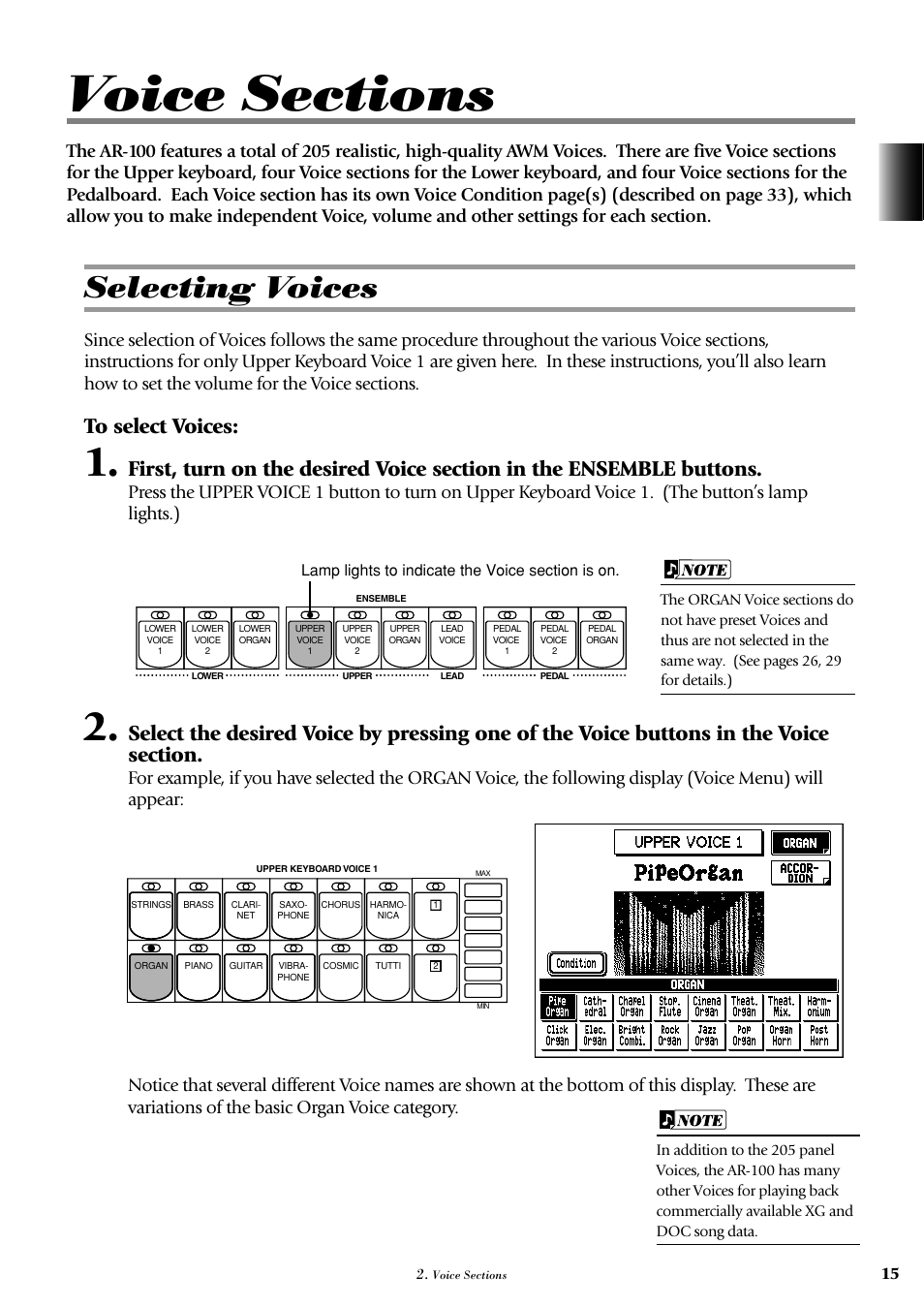 Selecting voices | Yamaha AR-100 User Manual | Page 21 / 180
