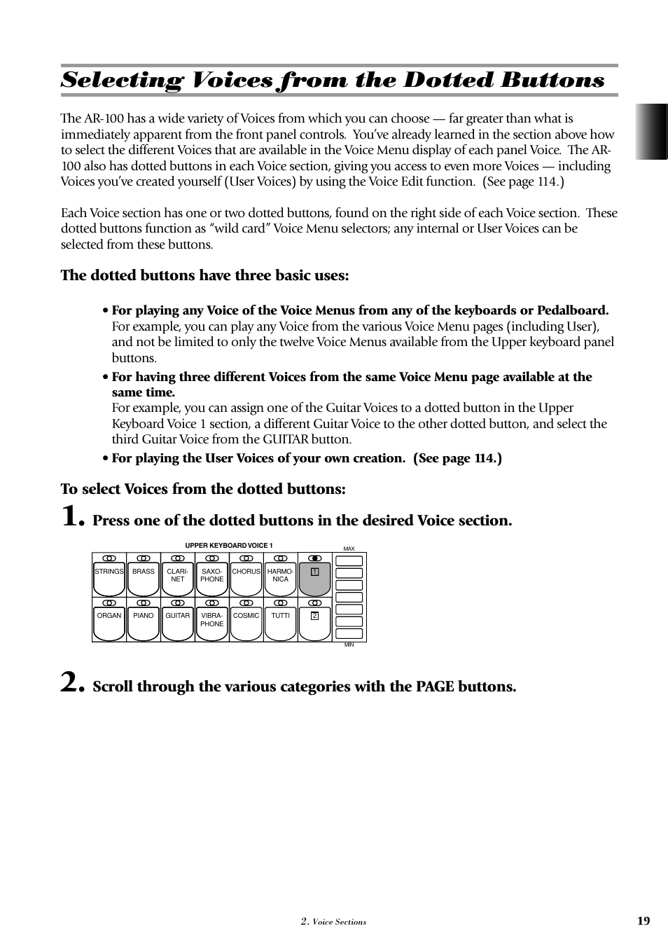 Selecting voices from the dotted buttons, The dotted buttons have three basic uses | Yamaha AR-100 User Manual | Page 25 / 180