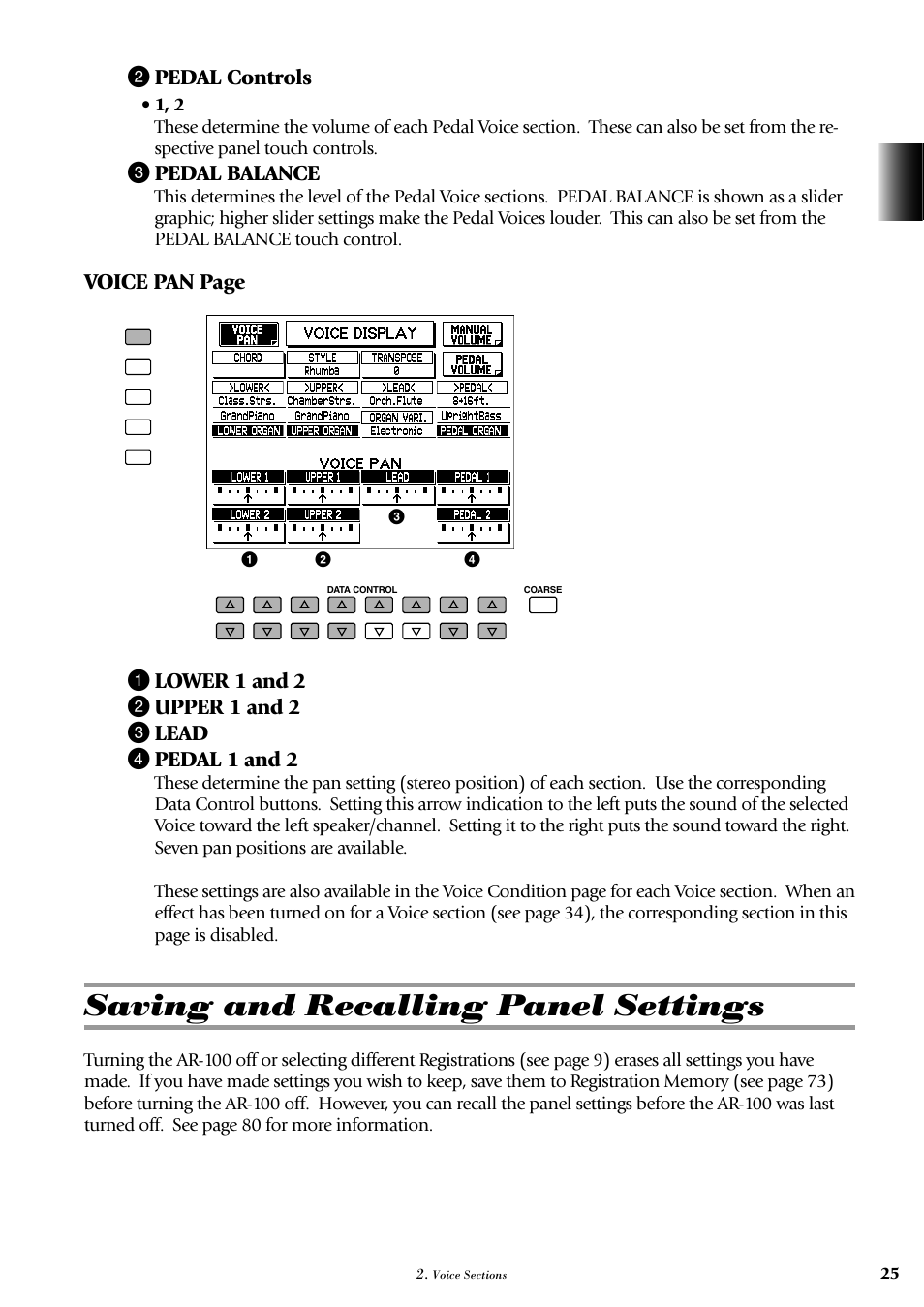 Saving and recalling panel settings, 2 pedal controls, 3 pedal balance | Yamaha AR-100 User Manual | Page 31 / 180