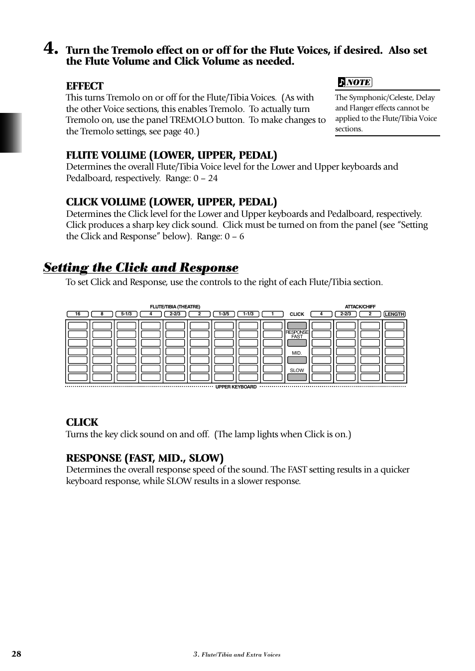 Setting the click and response, Flute volume (lower, upper, pedal), Click volume (lower, upper, pedal) | Click, Response (fast, mid., slow) | Yamaha AR-100 User Manual | Page 34 / 180