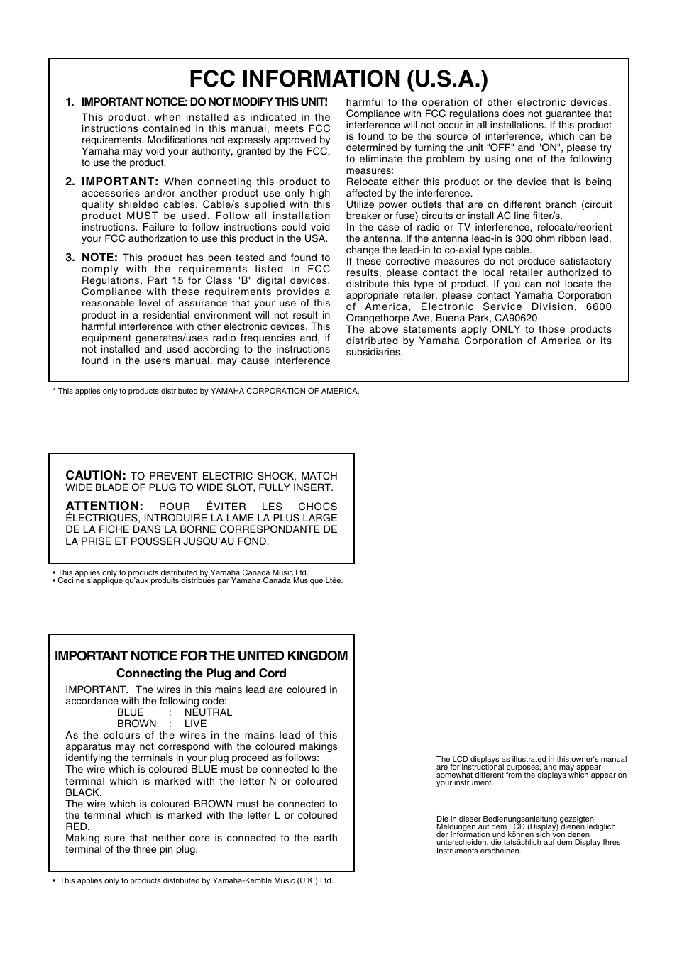 Fcc information (u.s.a.), Important notice for the united kingdom | Yamaha AR-100 User Manual | Page 4 / 180