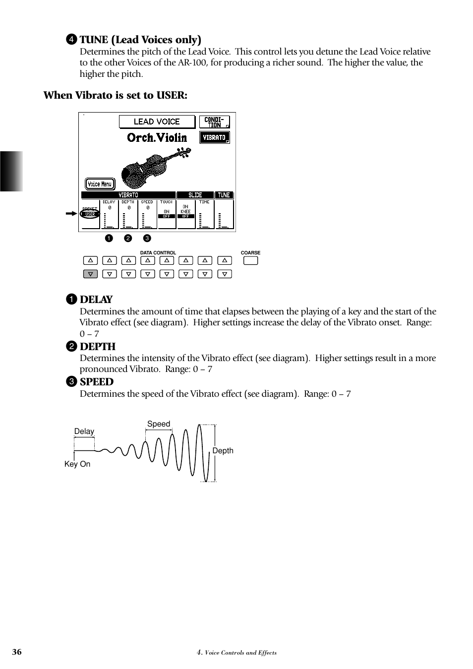 4 tune (lead voices only), When vibrato is set to user: 1 delay, 2 depth | 3 speed | Yamaha AR-100 User Manual | Page 42 / 180