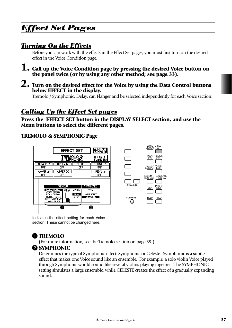 Effect set pages, Turning on the effects, Calling up the effect set pages | 2 symphonic | Yamaha AR-100 User Manual | Page 43 / 180