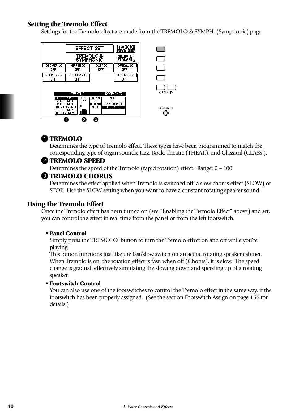 Setting the tremolo effect, 1 tremolo, 2 tremolo speed | 3 tremolo chorus, Using the tremolo effect | Yamaha AR-100 User Manual | Page 46 / 180