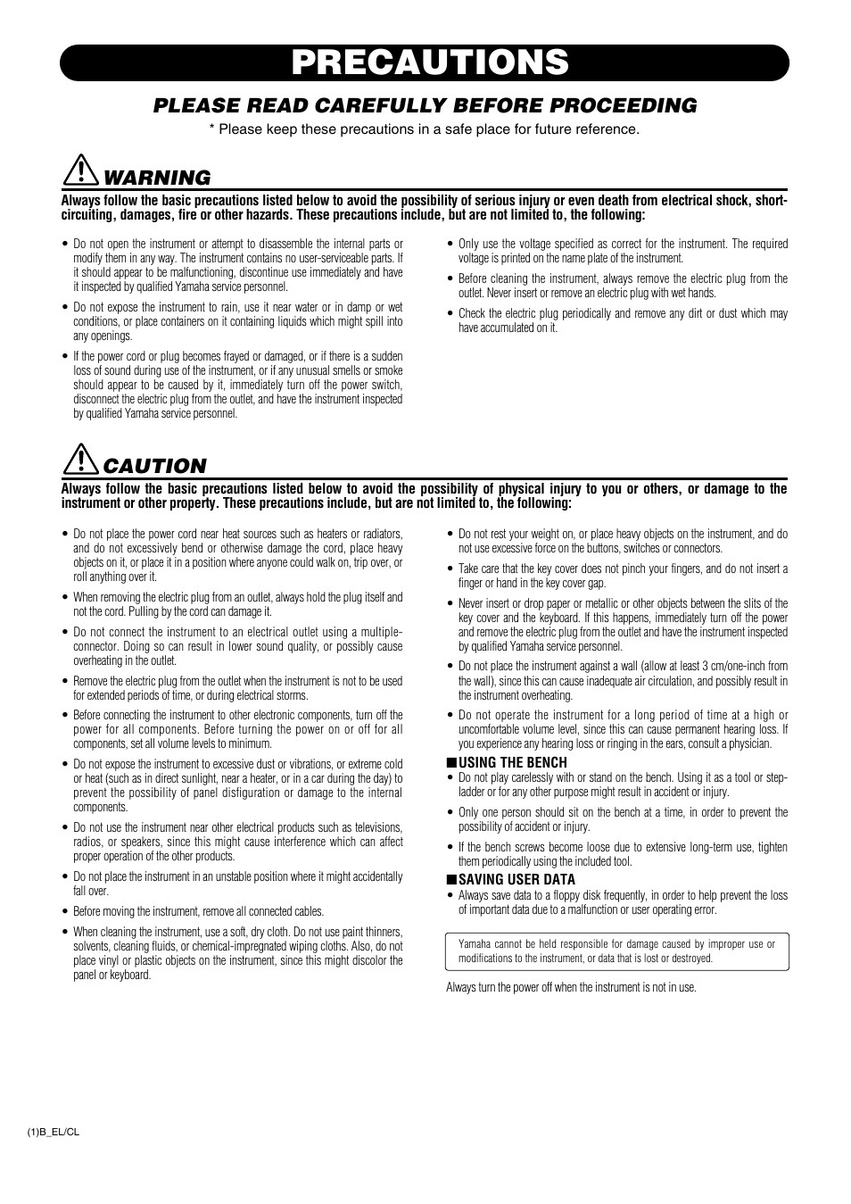 Precautions, Please read carefully before proceeding, Warning | Caution | Yamaha AR-100 User Manual | Page 5 / 180