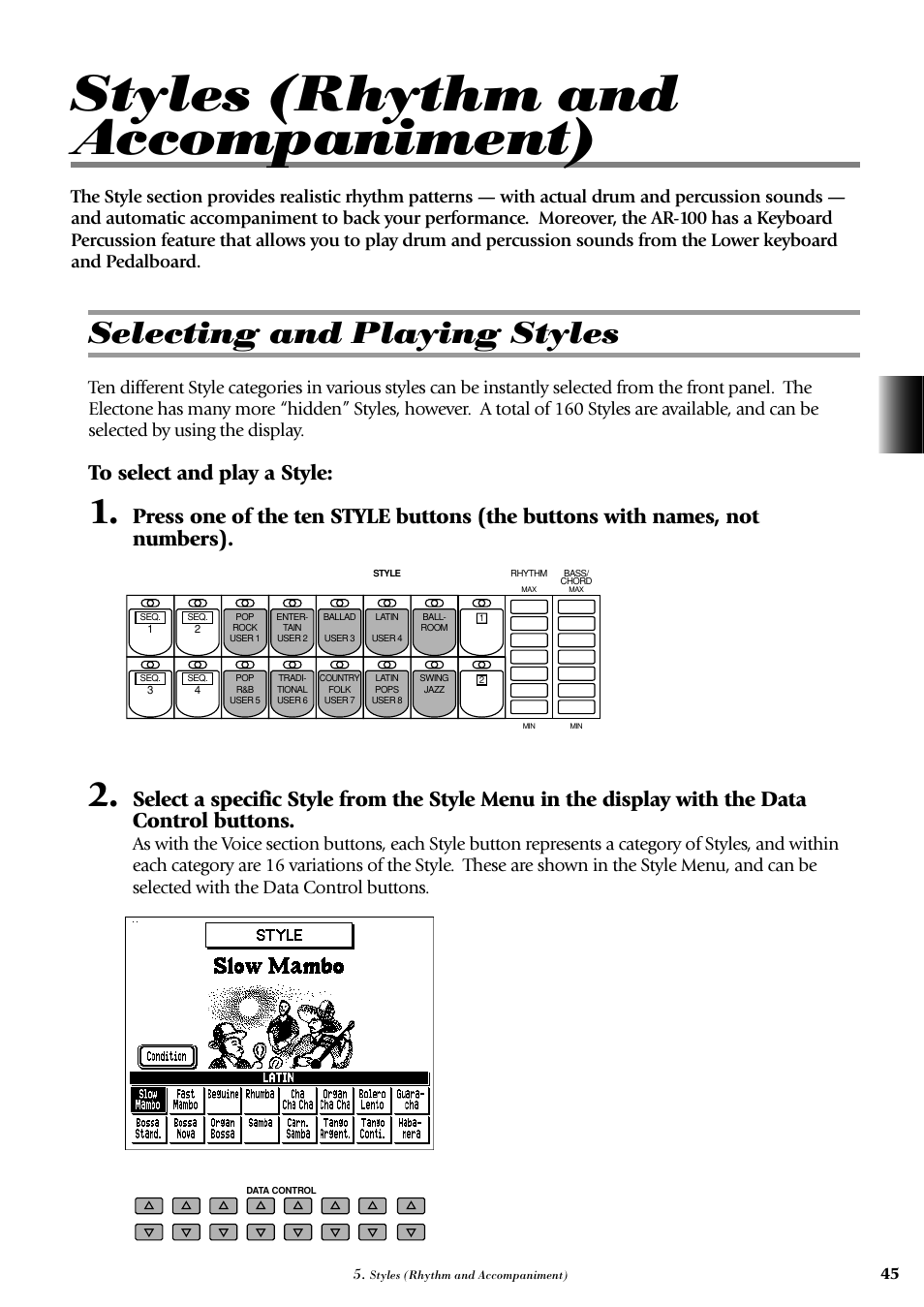 Styles (rhythm and accompaniment), Selecting and playing styles | Yamaha AR-100 User Manual | Page 51 / 180