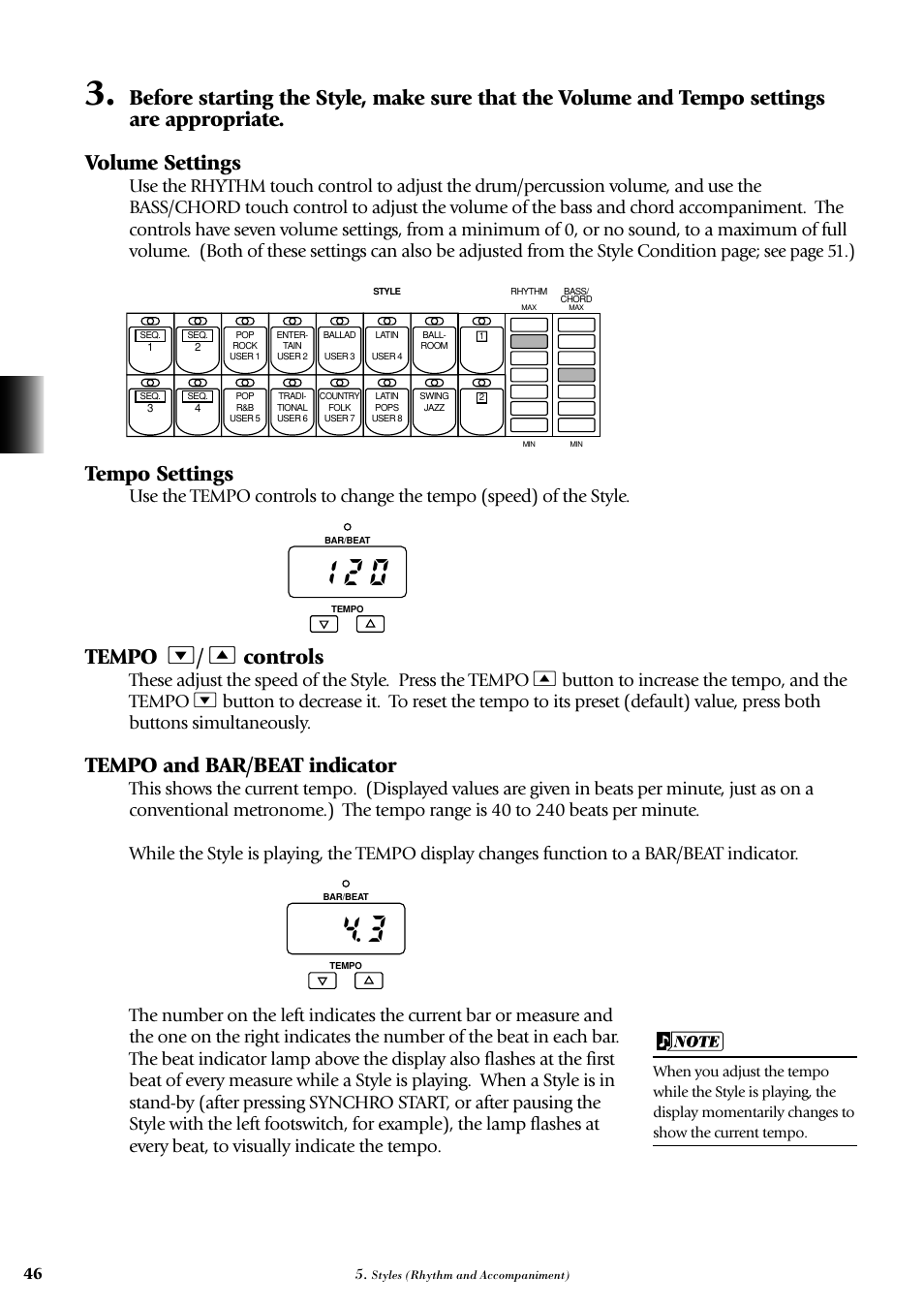 Tempo settings, Tempo b / a controls, Tempo and bar/beat indicator | Yamaha AR-100 User Manual | Page 52 / 180