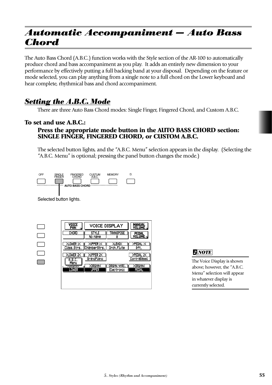 Automatic accompaniment — auto bass chord, Setting the a.b.c. mode | Yamaha AR-100 User Manual | Page 61 / 180