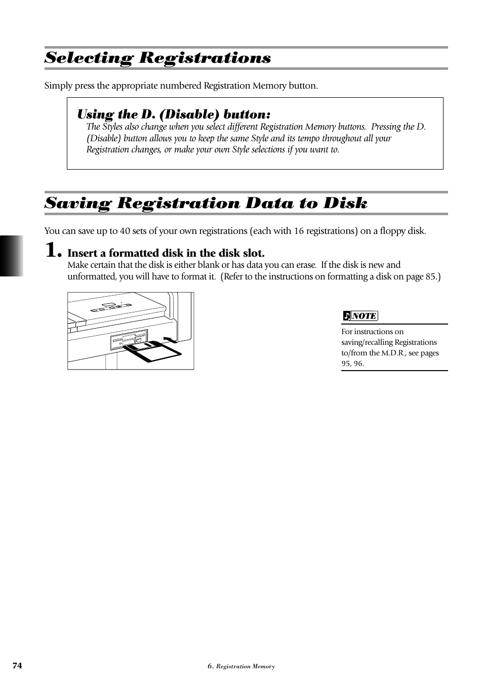 Selecting registrations, Saving registration data to disk | Yamaha AR-100 User Manual | Page 80 / 180