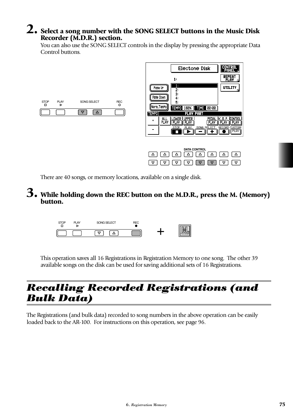 Recalling recorded registrations (and bulk data) | Yamaha AR-100 User Manual | Page 81 / 180