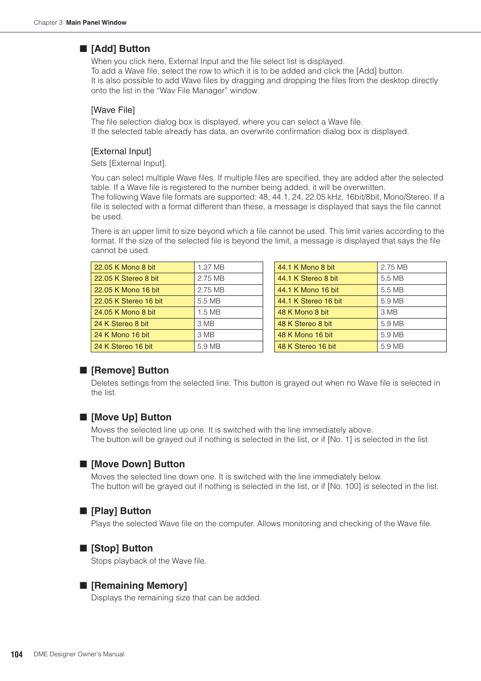 Add] button, Remove] button, Move up] button | Move down] button, Play] button, Stop] button | Yamaha DME User Manual | Page 104 / 501