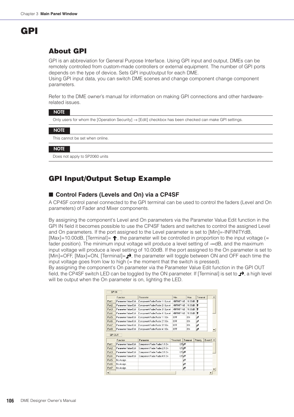 Alue and audio detector to the gpi output function, About gpi, Gpi input/output setup example | Yamaha DME User Manual | Page 106 / 501