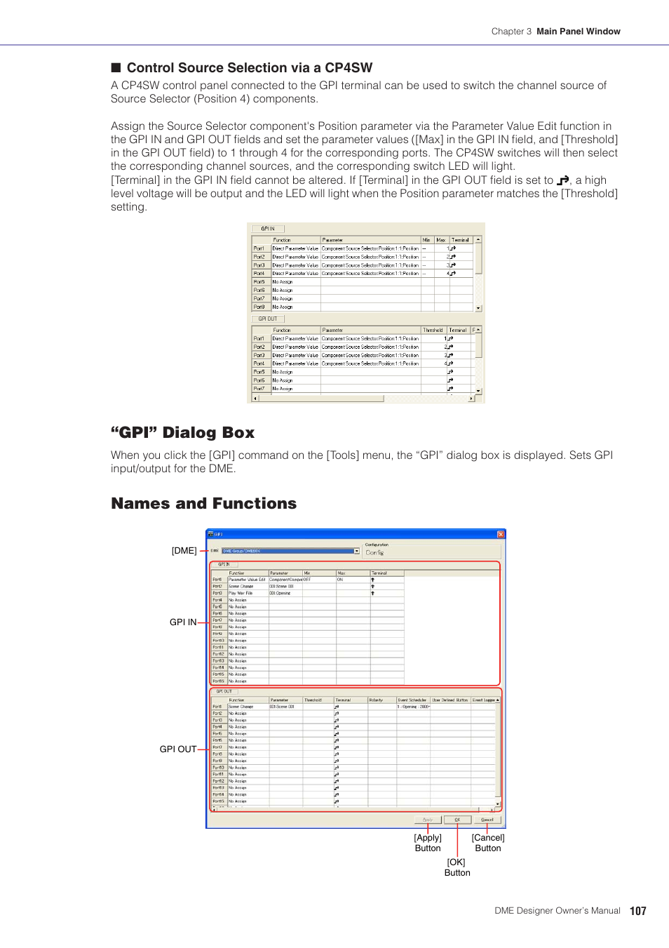 Gpi” dialog box, Names and functions, Control source selection via a cp4sw | Yamaha DME User Manual | Page 107 / 501