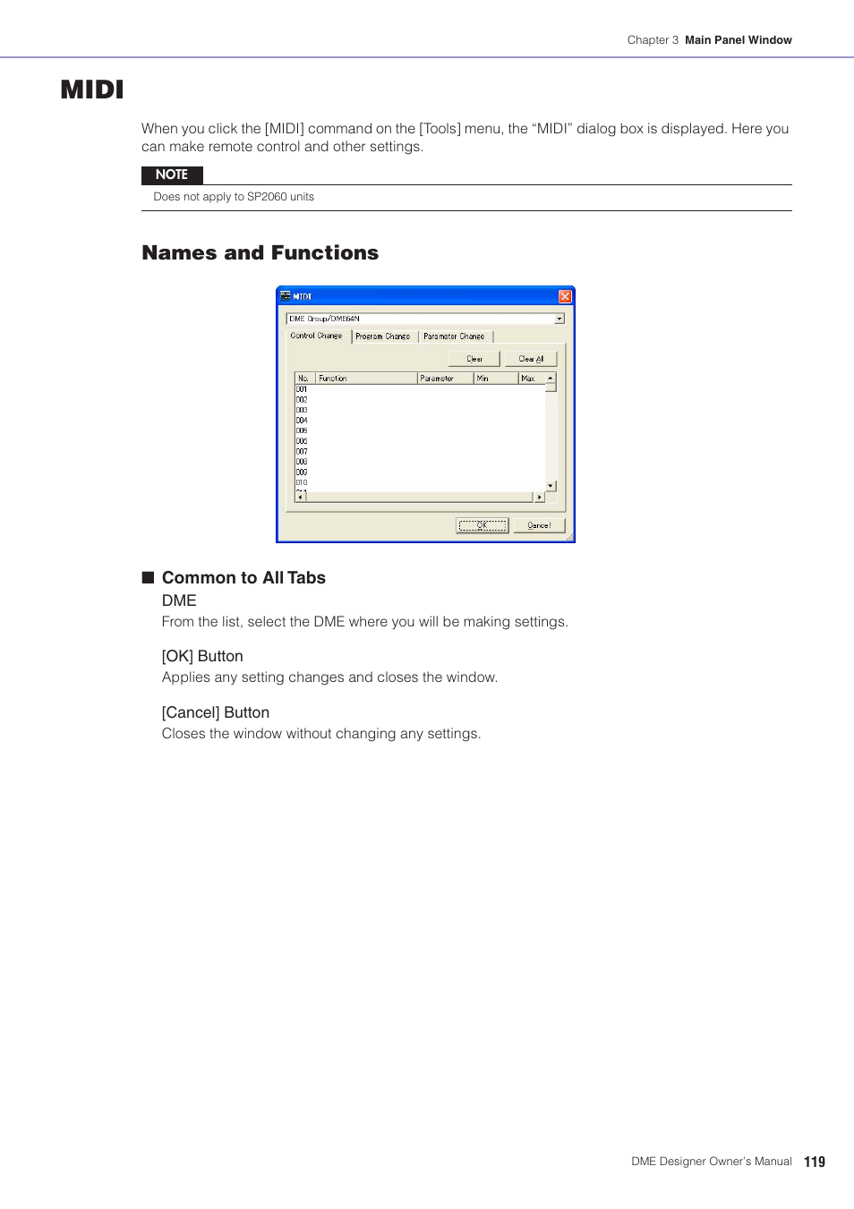 Midi, See “midi” on, Names and functions | Yamaha DME User Manual | Page 119 / 501