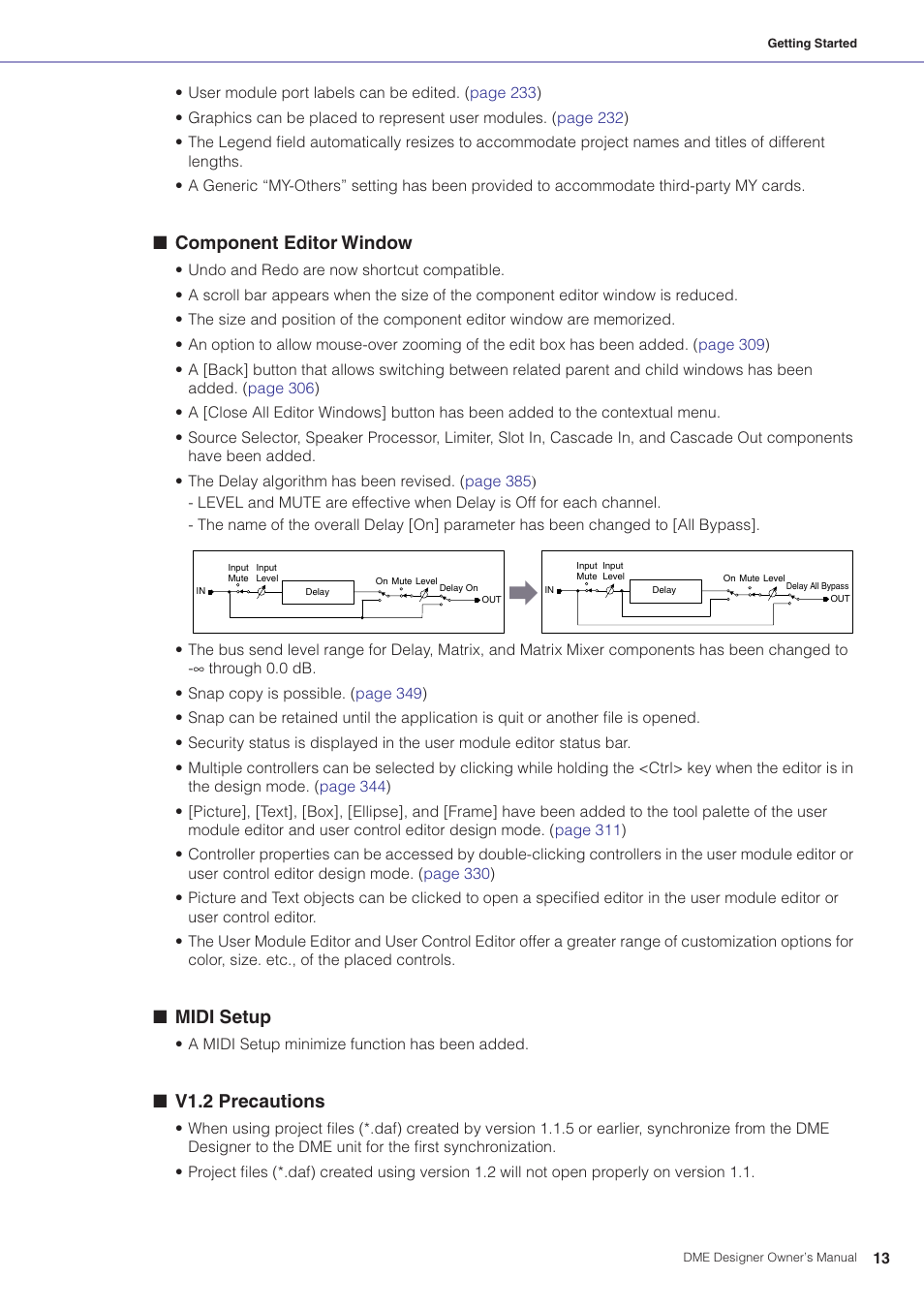 Component editor window, Midi setup, V1.2 precautions | Yamaha DME User Manual | Page 13 / 501