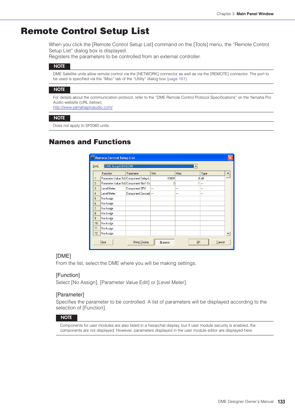 Remote control setup list, Displayed in the editor windows, Ol setup list” on | Names and functions | Yamaha DME User Manual | Page 133 / 501