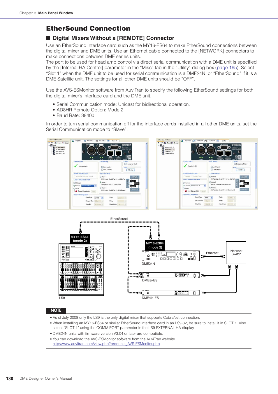 See “parameter list” on, Ethersound connection, Digital mixers without a [remote] connector | Yamaha DME User Manual | Page 138 / 501