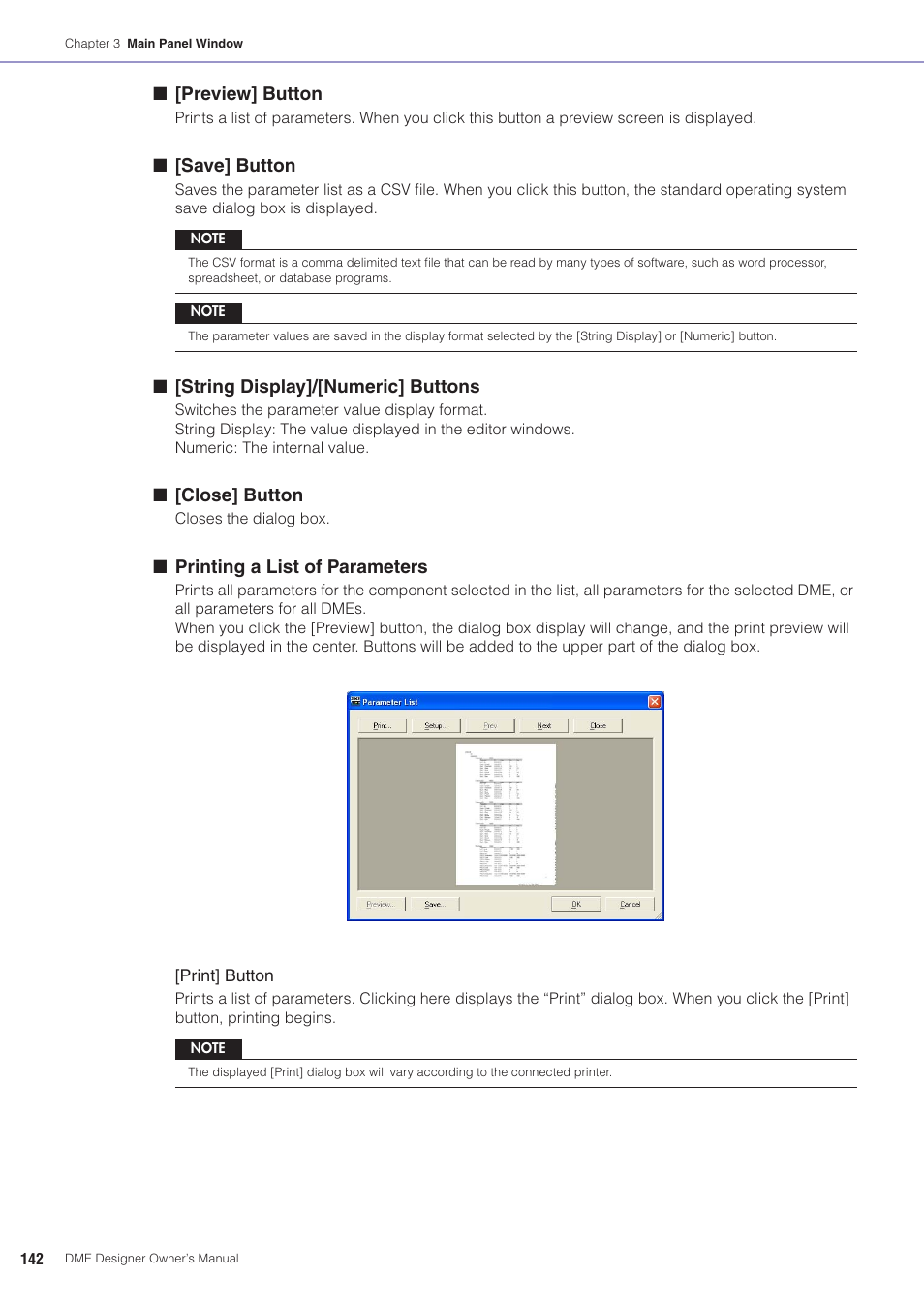 Preview] button, Save] button, String display]/[numeric] buttons | Close] button, Printing a list of parameters | Yamaha DME User Manual | Page 142 / 501