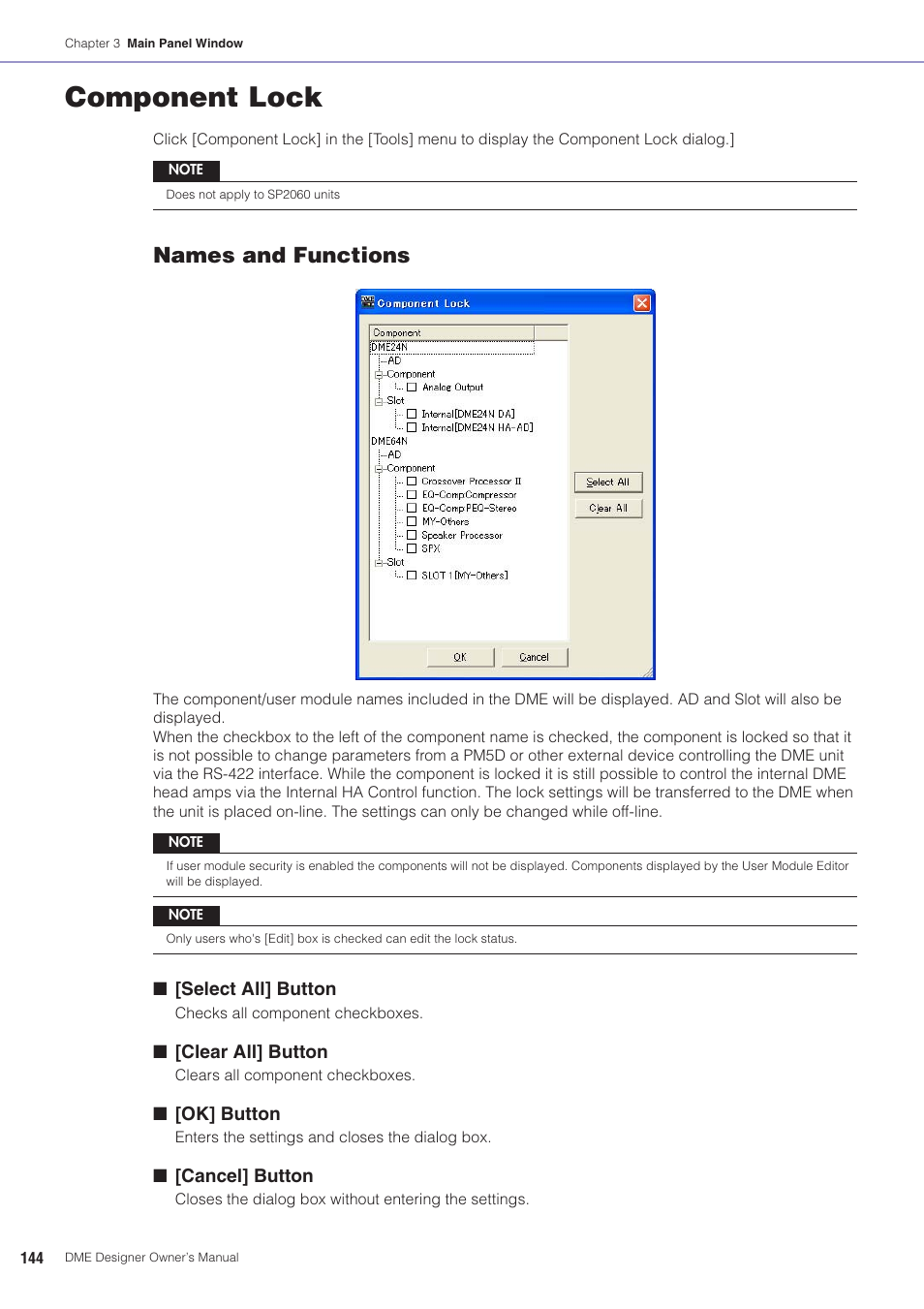 Component lock, Om the parameter list dialog, Names and functions | Yamaha DME User Manual | Page 144 / 501