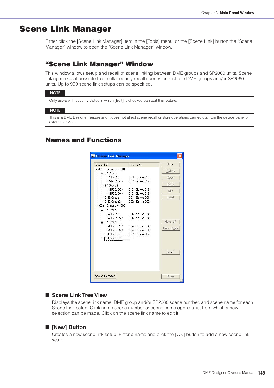 Scene link manager, Oups has been added, For infor | Scene link manager” window, Names and functions | Yamaha DME User Manual | Page 145 / 501