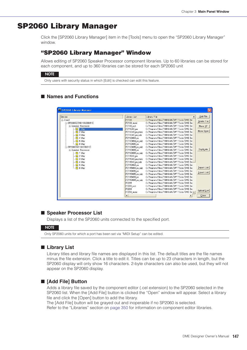 Sp2060 library manager, Y manager” on, Sp2060 library manager” window | Yamaha DME User Manual | Page 147 / 501