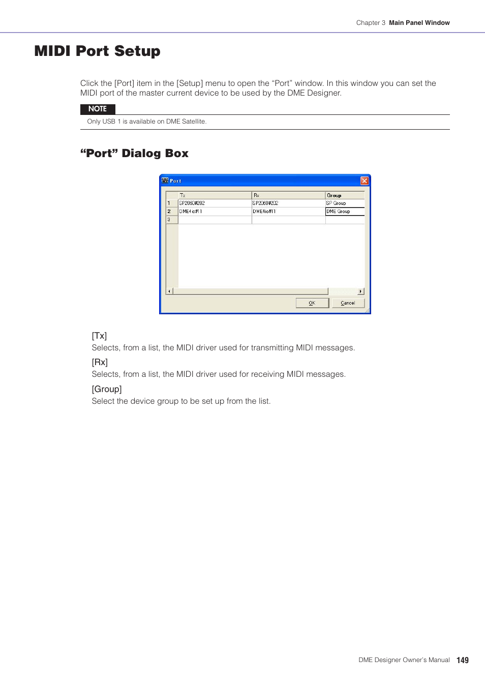 Midi port setup, T setup" on, Port” dialog box | Yamaha DME User Manual | Page 149 / 501