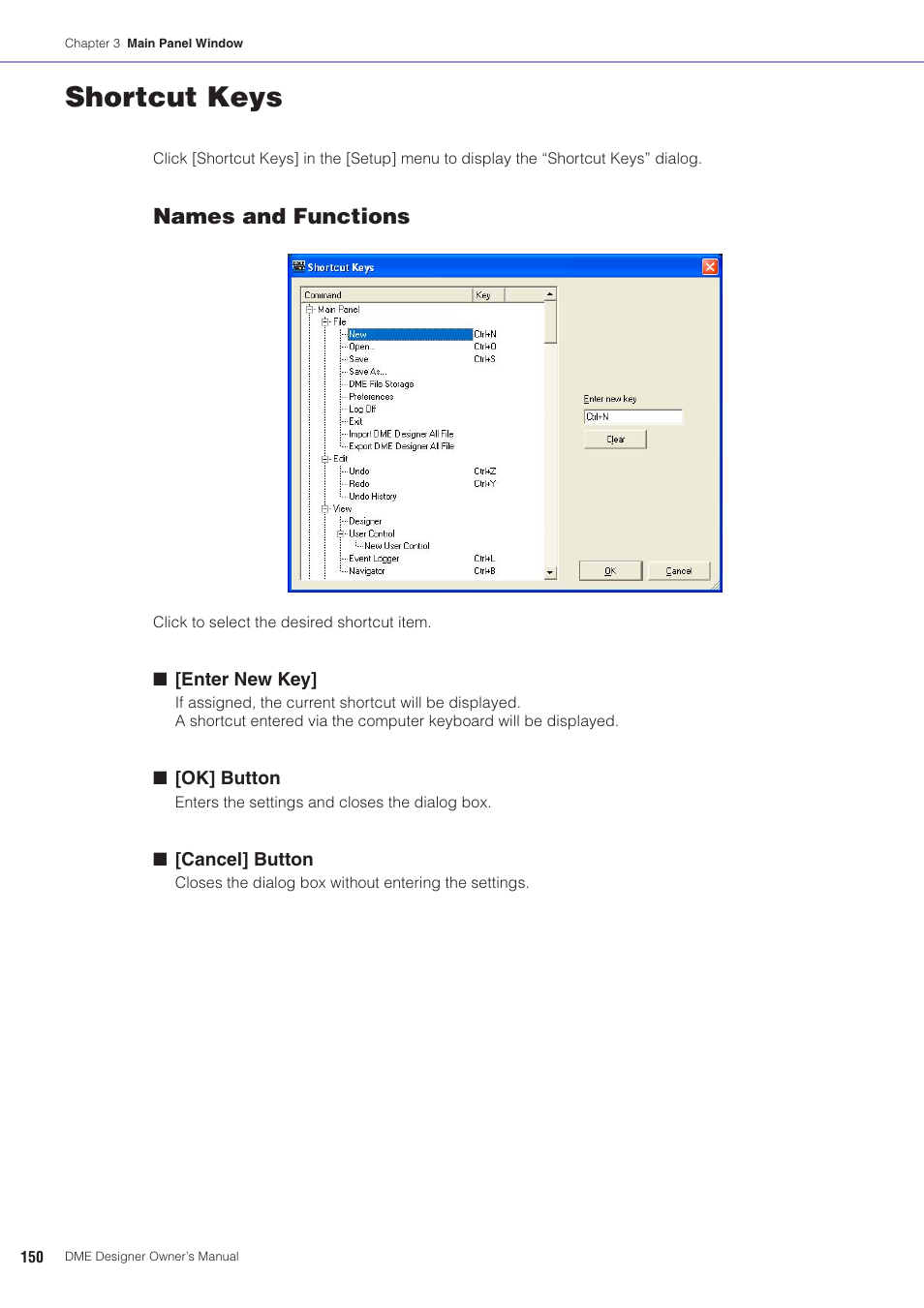Shortcut keys, Tcut keys dialog box, Tcut keys” on | Names and functions | Yamaha DME User Manual | Page 150 / 501