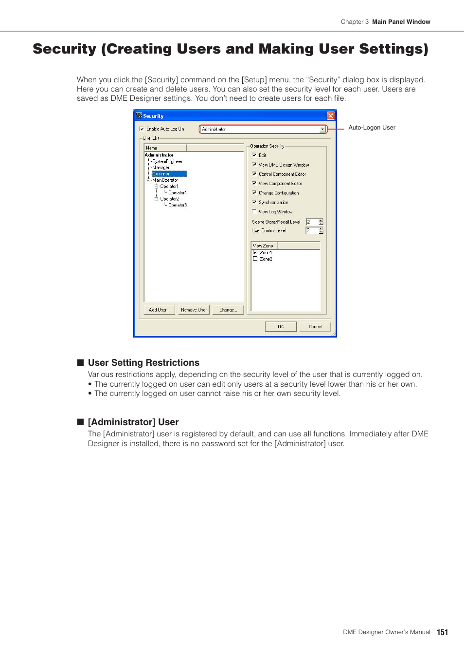 Security (creating users and making user settings) | Yamaha DME User Manual | Page 151 / 501