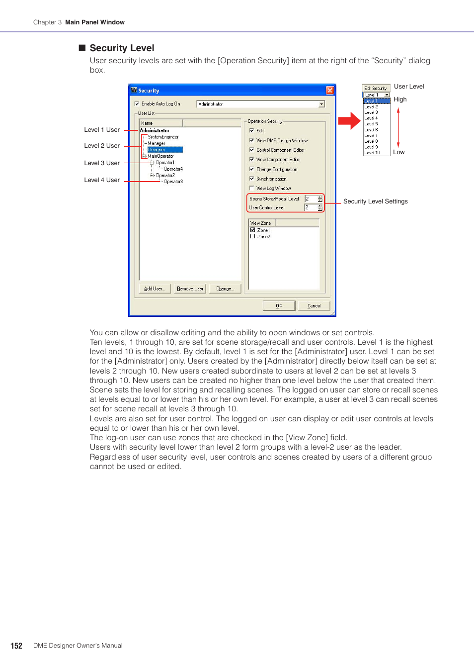 Ent users, Security level | Yamaha DME User Manual | Page 152 / 501