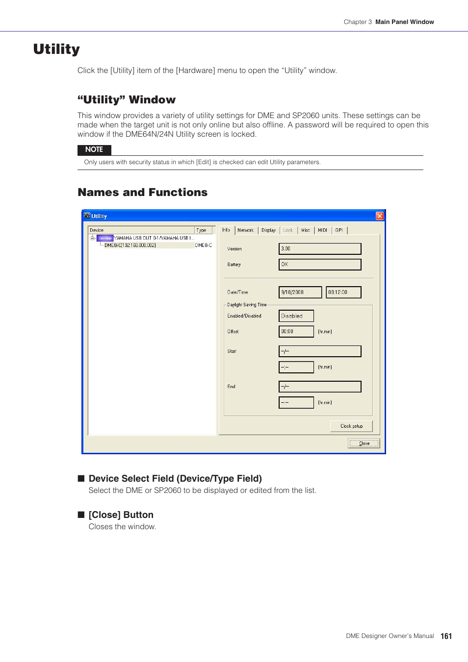 Utility, See “utility” on, Utility” window | Names and functions | Yamaha DME User Manual | Page 161 / 501