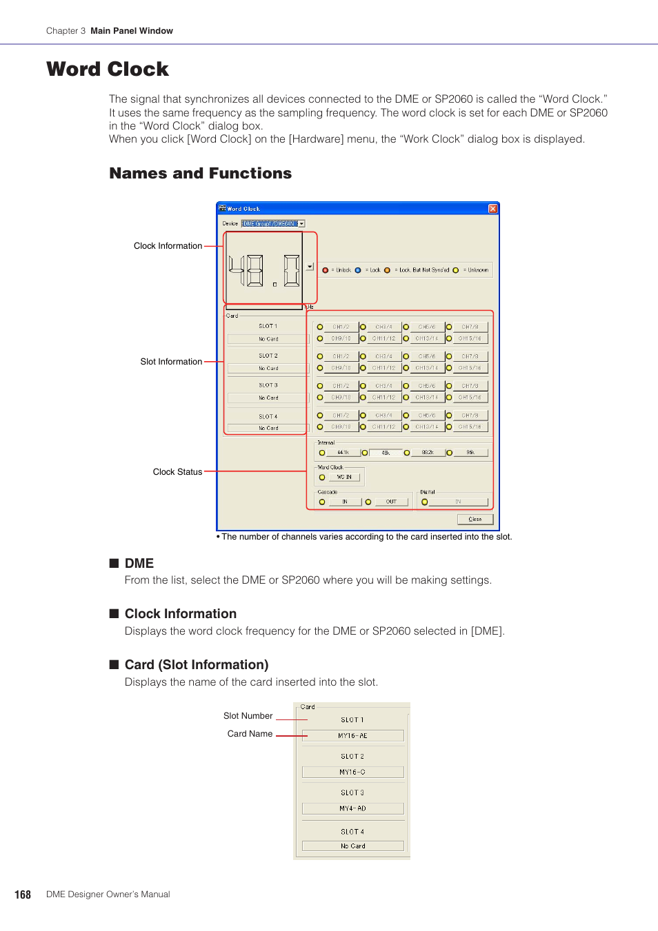 Word clock, D clock” on, Names and functions | Yamaha DME User Manual | Page 168 / 501