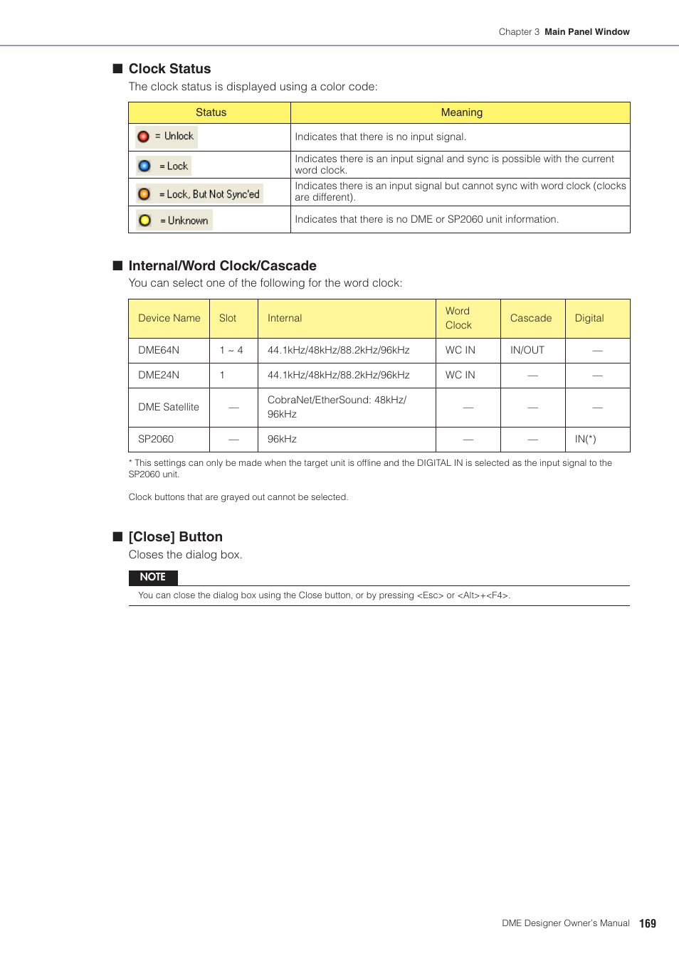 Clock status, Internal/word clock/cascade, Close] button | Yamaha DME User Manual | Page 169 / 501