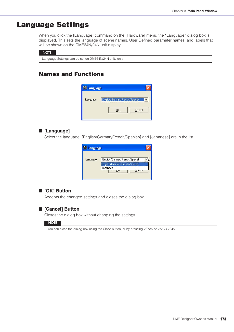 Language settings, See “language settings” on, Names and functions | Yamaha DME User Manual | Page 173 / 501