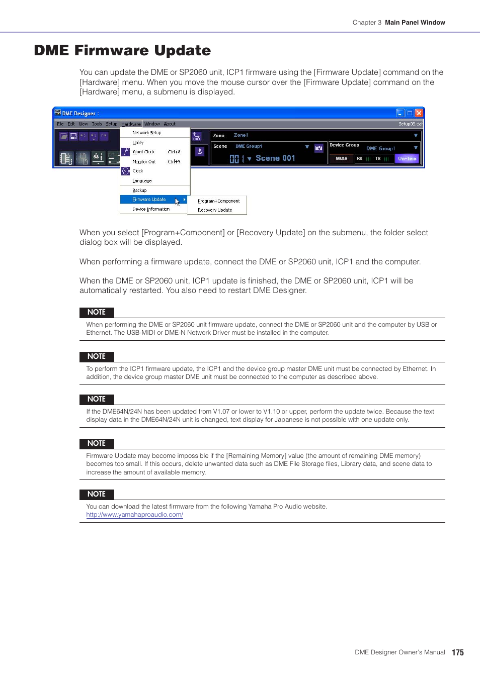 Dme firmware update, E update” on | Yamaha DME User Manual | Page 175 / 501