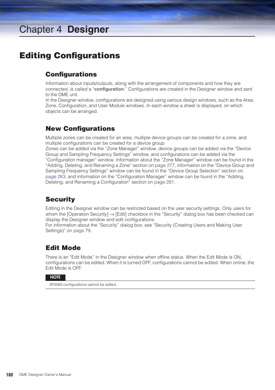 Chapter 4 designer, Editing configurations, Configurations | New configurations, Security, Edit mode | Yamaha DME User Manual | Page 180 / 501
