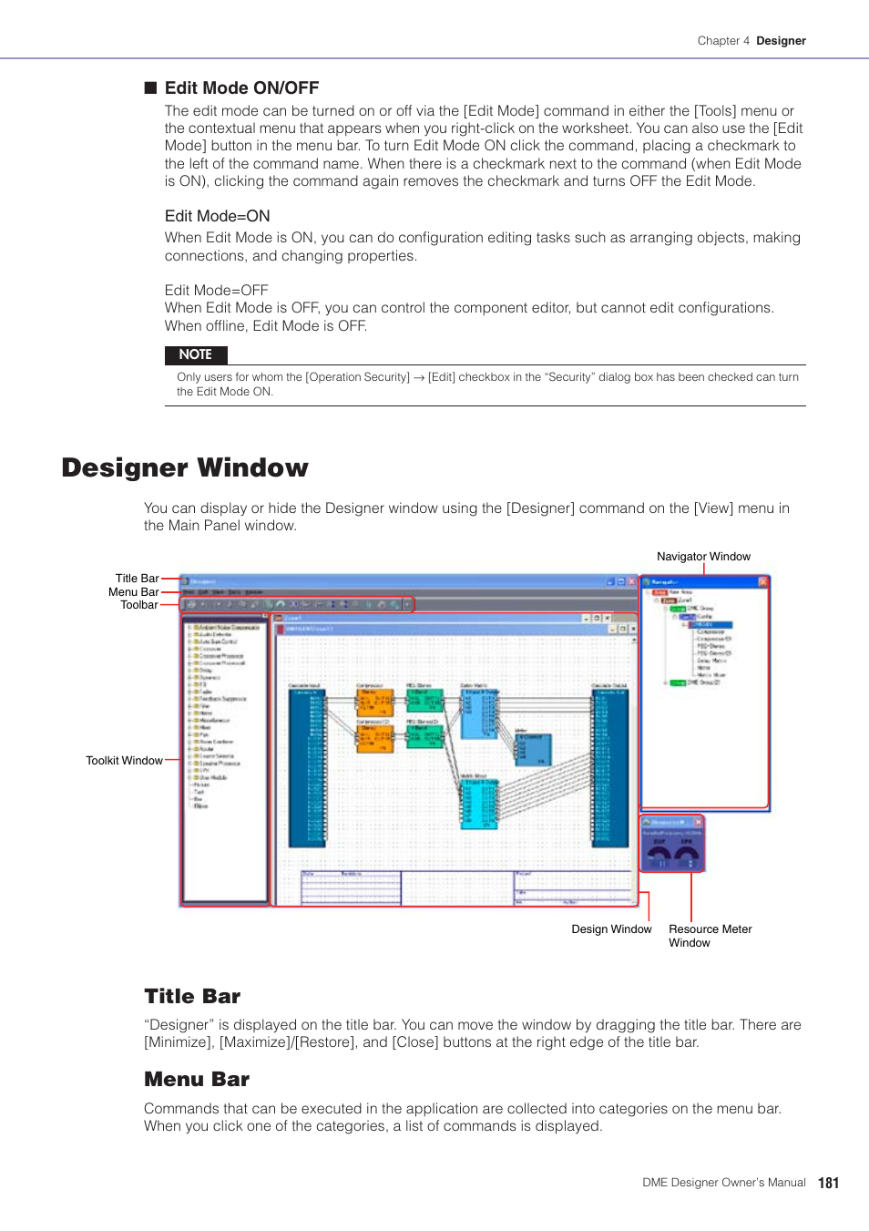 Designer window, Designer window” on, Title bar | Menu bar, Edit mode on/off | Yamaha DME User Manual | Page 181 / 501