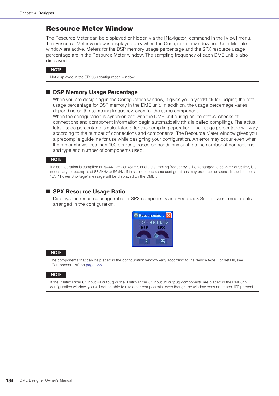 Resource meter window, Spx resource usage ratio | Yamaha DME User Manual | Page 184 / 501