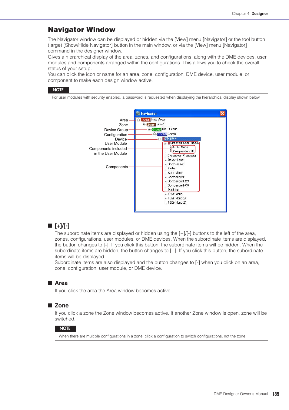 Vigator] button, Navigator window, Area | Zone | Yamaha DME User Manual | Page 185 / 501