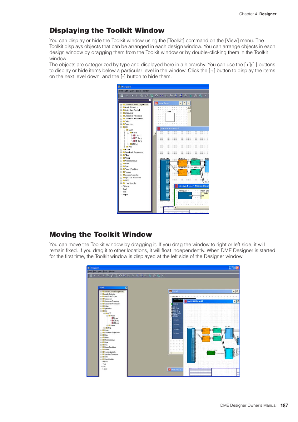 Displaying the toolkit window, Moving the toolkit window | Yamaha DME User Manual | Page 187 / 501