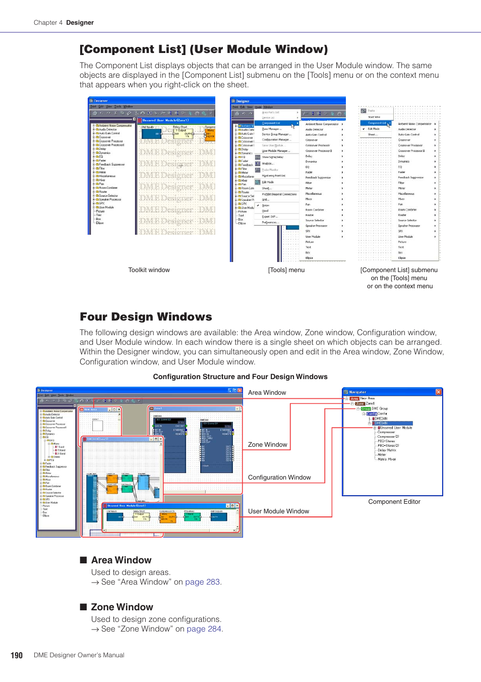 Component list] (user module window), Four design windows, Area window | Zone window | Yamaha DME User Manual | Page 190 / 501