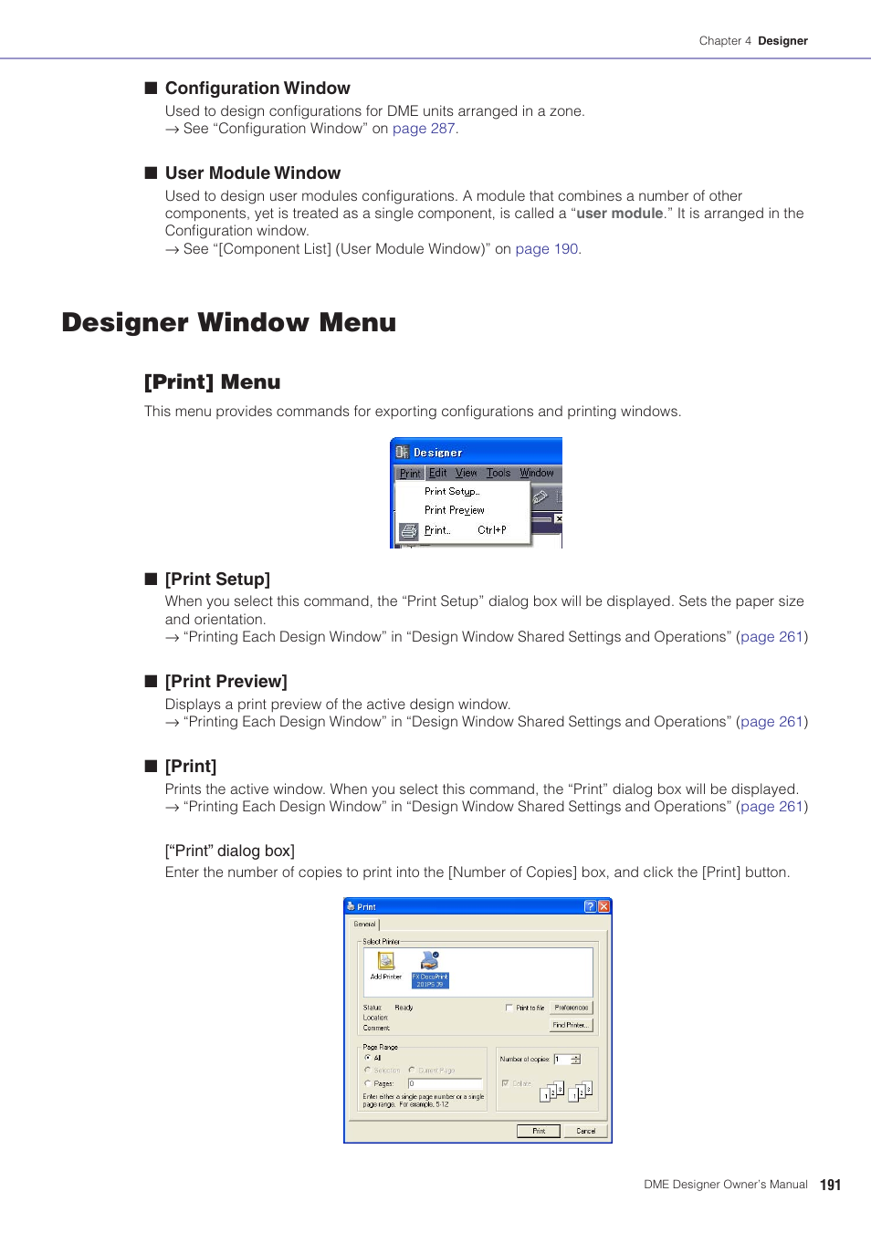 Designer window menu, Print] button, Print] menu | Yamaha DME User Manual | Page 191 / 501