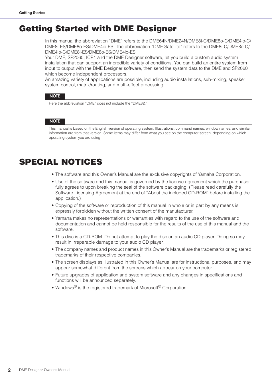 Getting started with dme designer, Special notices | Yamaha DME User Manual | Page 2 / 501