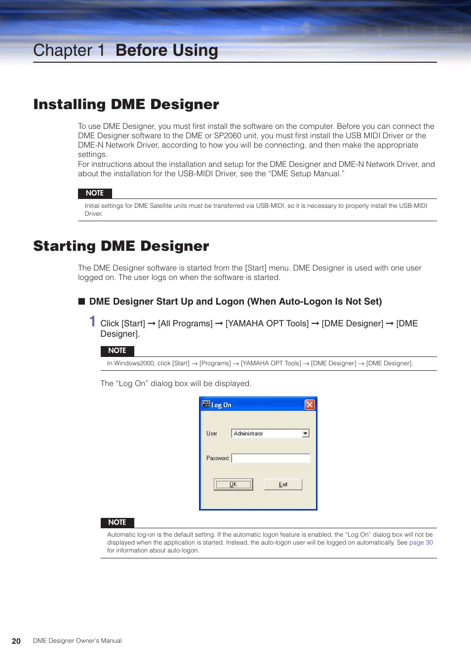 Chapter 1 before using, Installing dme designer, Starting dme designer | Installing dme designer starting dme designer | Yamaha DME User Manual | Page 20 / 501