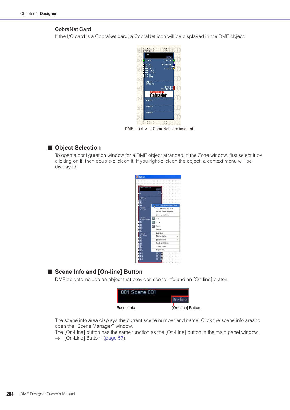 Object selection, Scene info and [on-line] button | Yamaha DME User Manual | Page 204 / 501