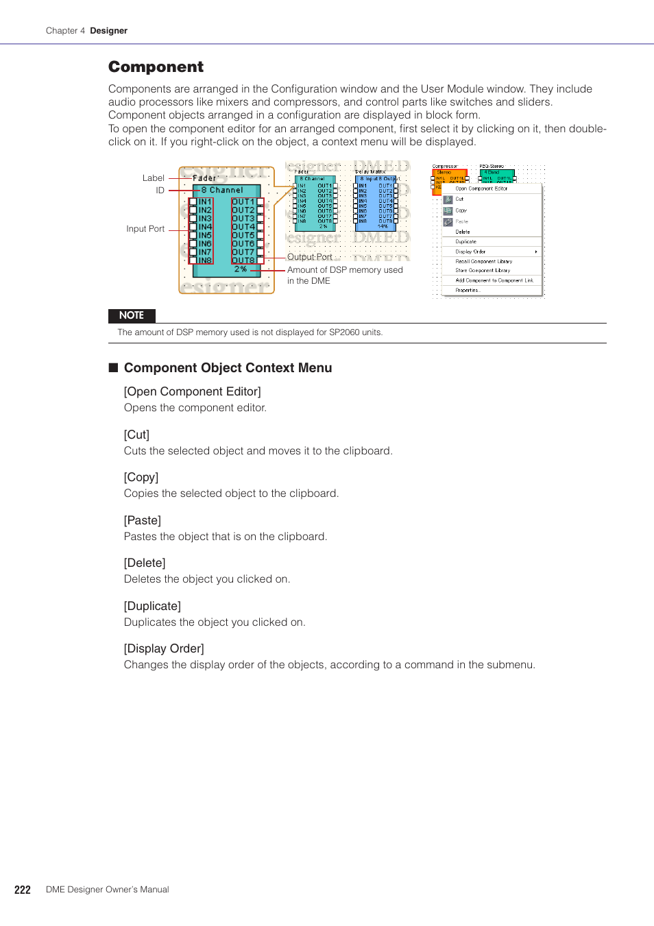 Component, Component object context menu | Yamaha DME User Manual | Page 222 / 501