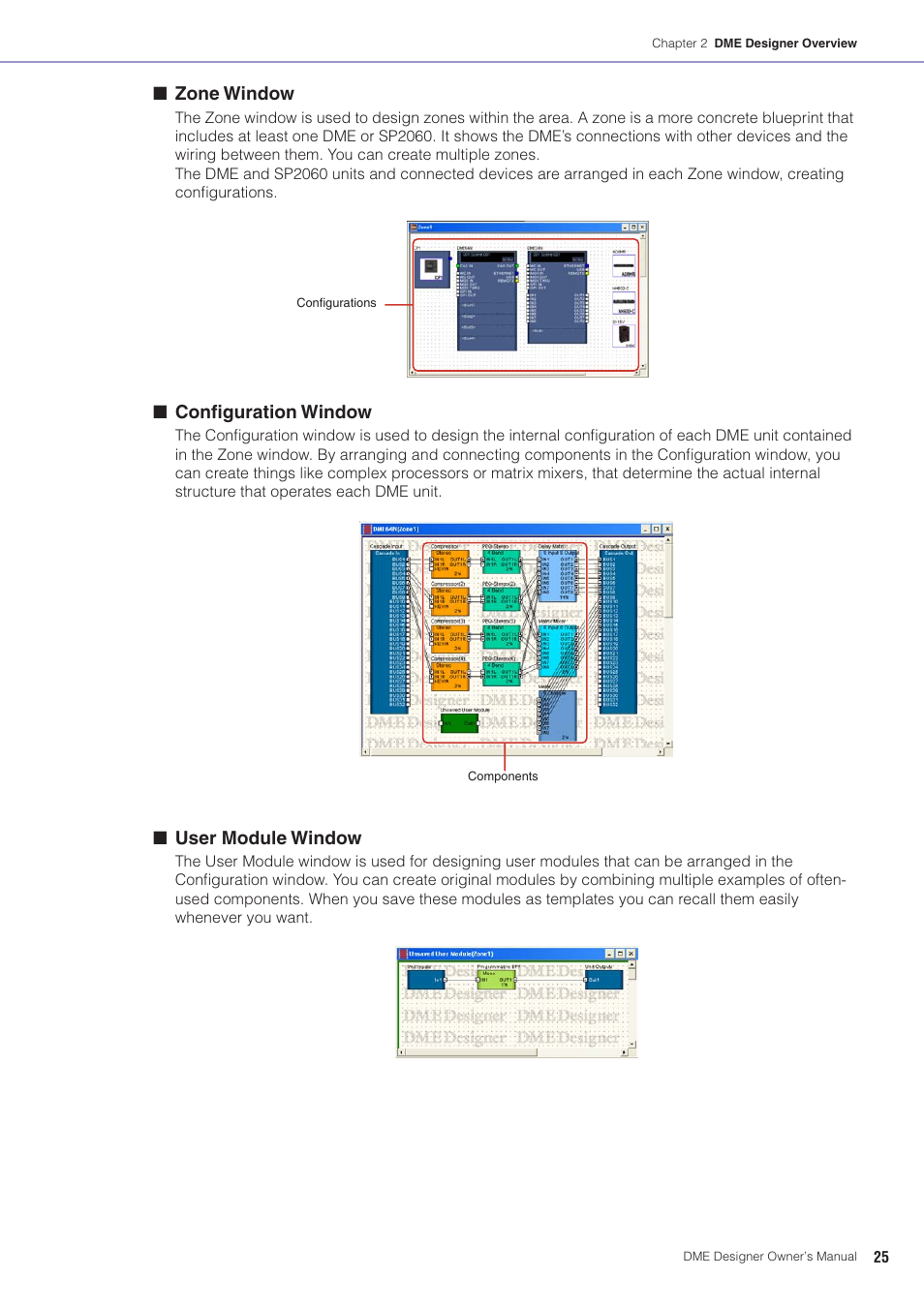 Zone window, Configuration window, User module window | Yamaha DME User Manual | Page 25 / 501
