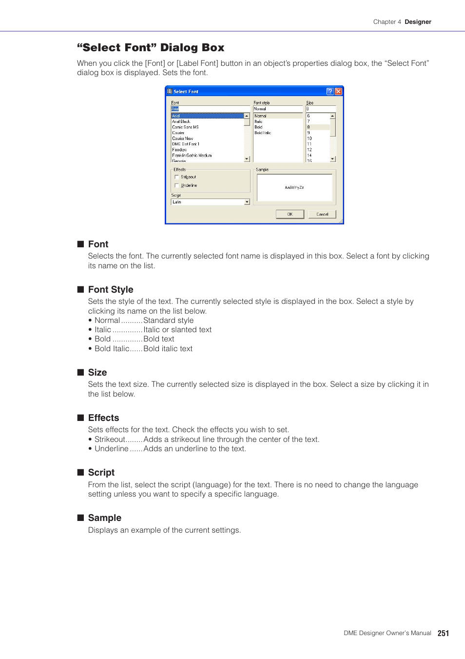 Select font” dialog box | Yamaha DME User Manual | Page 251 / 501