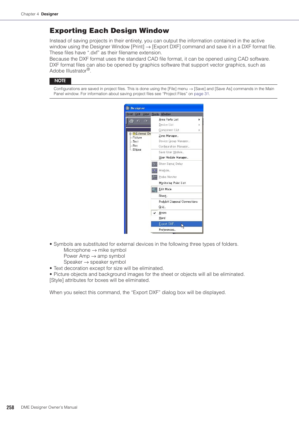 Ed settings and operations, Exporting each design window | Yamaha DME User Manual | Page 258 / 501