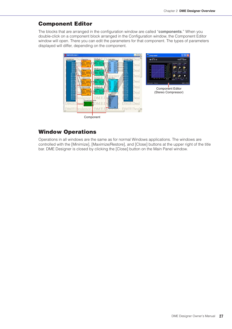 Component editor, Window operations | Yamaha DME User Manual | Page 27 / 501