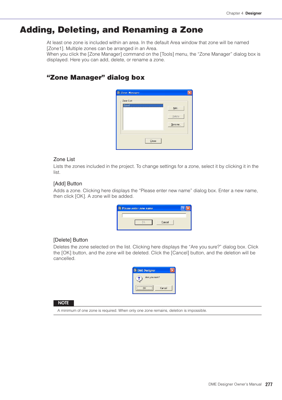 Adding, deleting, and renaming a zone, Adding, deleting, and renaming a zone” section on, See “adding, deleting, and renaming a zone” on | Zone manager” dialog box | Yamaha DME User Manual | Page 277 / 501